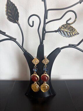 Boho Gold Tone Statement Drop Earrings Red Cabochon Blue Crystal Dangle
